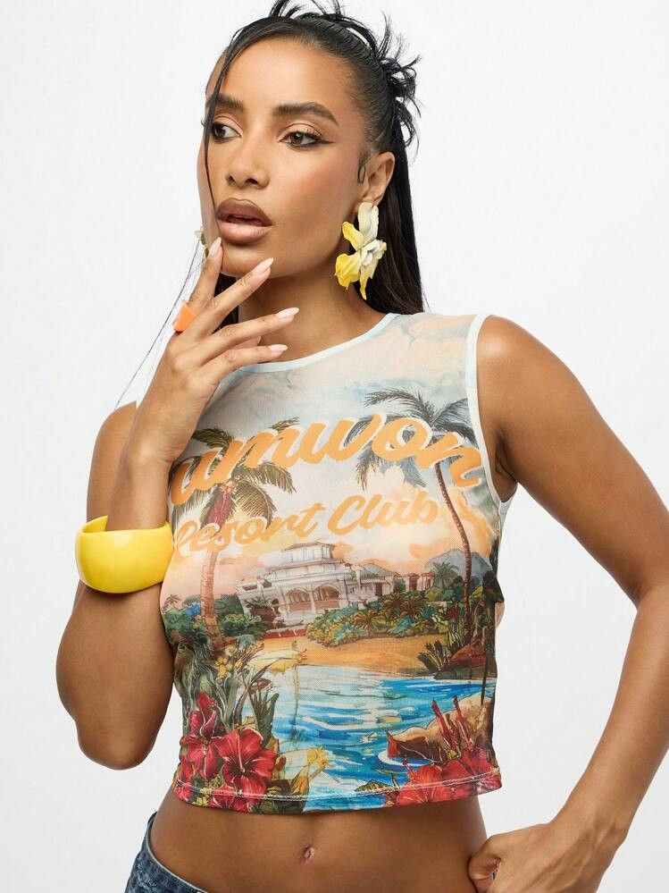 SUMWON WOMEN Summer Resort Club Tank Top Retro Vacation Beach Palm Tree Print Mesh Sleeveless Fitted Crop Tank Top Resort Wear | SHEIN
