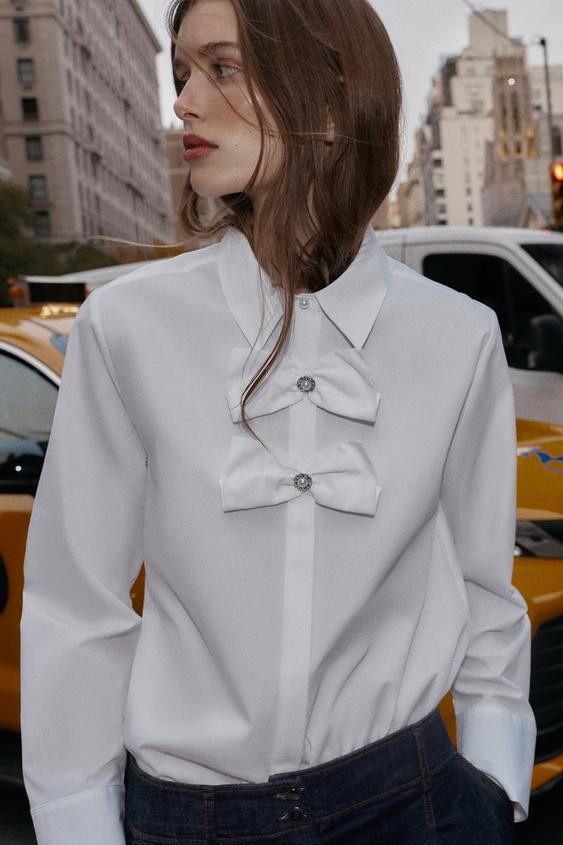 POPLIN SHIRT WITH TIES AND PEARLS | Zara US