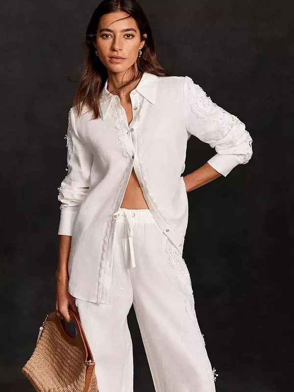 Mint Velvet Linen Lace Trim Shirt - White | Very (UK)