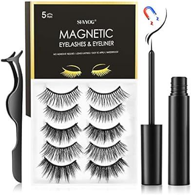 Magnetic Eyelashes with Eyeliner, SHVYOG 5 Pairs Upgraded Magnetic Eyelash Kit, Natural Look Fals... | Amazon (US)
