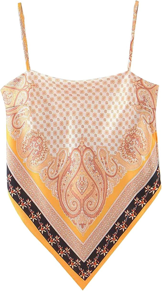 Women's Paisley Print Tie Back French Knot Hanky Hem Spaghetti Straps Handkerchief Cami Bandana T... | Amazon (US)