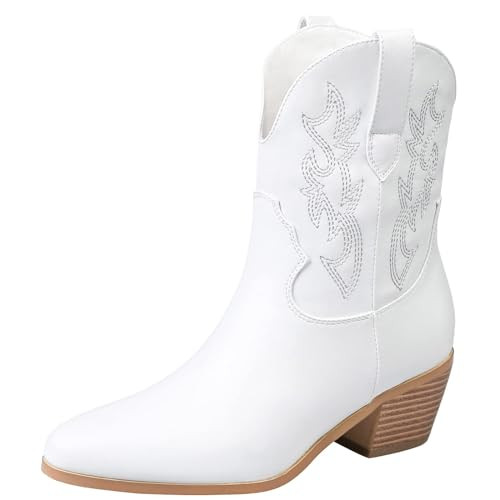 STALOV Short Cowgirl Boots for Women Embroidered White Cowboy Ankle Boots,Pointed Toe Low Chunky Heel Pull On Western Stitched Boots | Amazon (US)