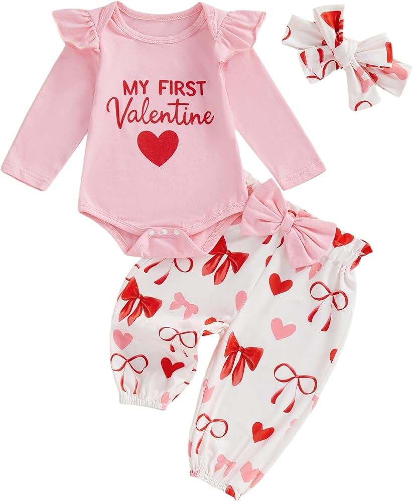 MoZiKQin Baby Girl Valentines Day Outfit My First Valentine Romper Onesie Hearts Print Pants Head... | Amazon (US)
