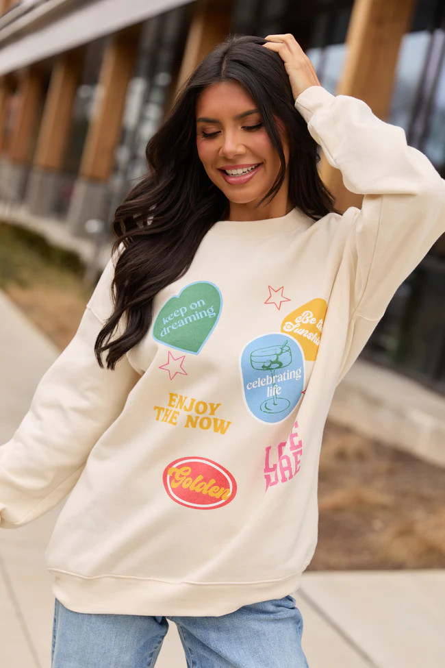 Positive Stickers Cream Graphic Sweatshirt | Pink Lily