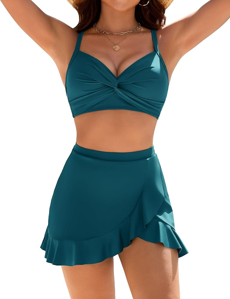 Blooming Jelly Womens High Waisted Bikini Sets Twist Swim Skirt Two Piece Swimsuit Crisscross Bac... | Amazon (US)