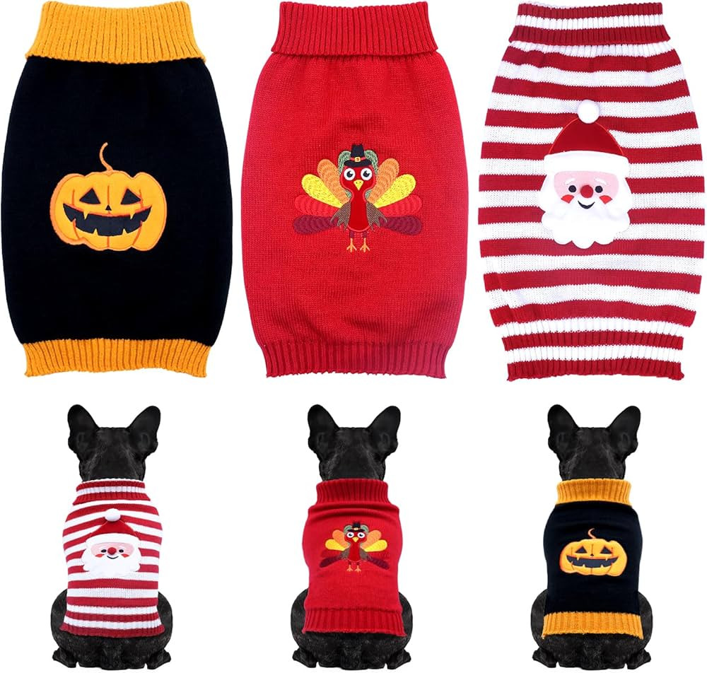 3 Pack Halloween Thanksgiving Christmas Dog Cat Knit Sweater Set - Dog Clothes with Santa Pattern... | Amazon (US)