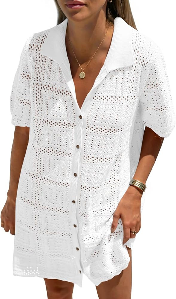 Saodimallsu Womens Crochet Swimsuit Cover Up Dress Short Sleeve Button V Neck Knit Summer Beach V... | Amazon (US)