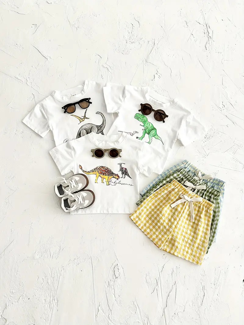 Baby's Dinosaur Print Summer Casual Outfit T shirt Gingham - Temu | Temu Affiliate Program