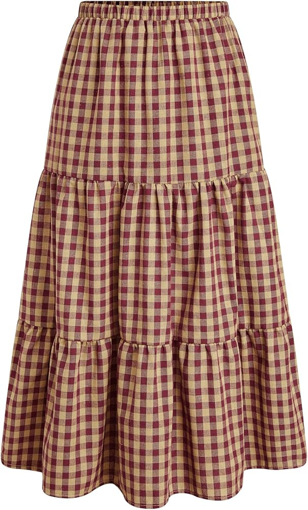 CIDER Gingham Tiered Maxi Skirt Long Skirts for Women A Line High Waist Flowy Skirt Casual Woven ... | Amazon (US)