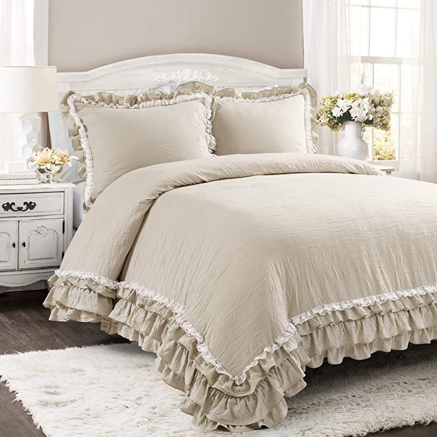 Lush Decor Ella Shabby-Chic Ruffle Lace 3-Piece King Comforter Set (Neutral) | Amazon (US)