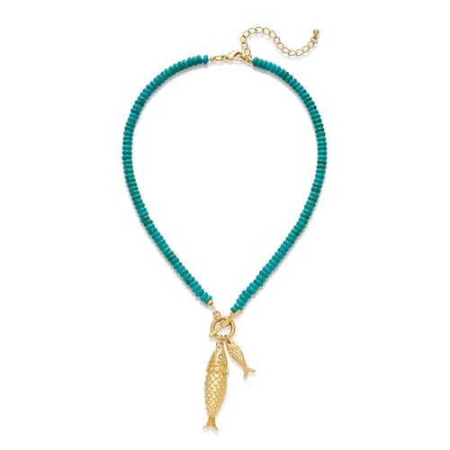 ENSKEFEN Gold Fish Necklaces for Women Trendy Turquoise Beaded Choker Necklace with Fish Pendant Statement Necklace Boho Ocean Summer Beach Jewelry | Amazon (US)