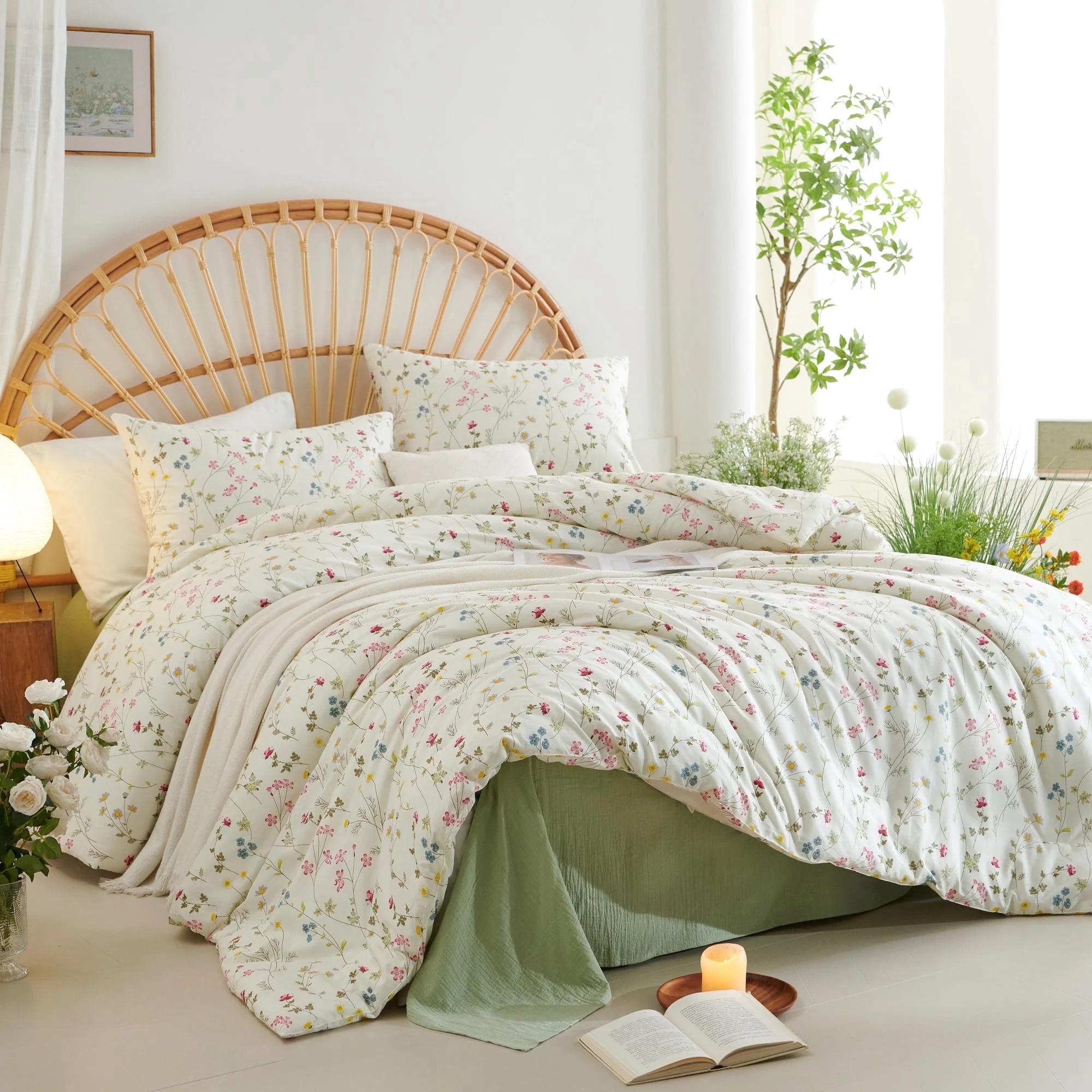 3 Pieces Botanical Floral Beige Pink Flower Floral Queen Comforter Set Vintage Style Soft Cotton ... | Walmart (US)