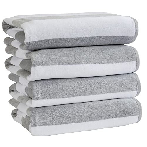 Market & Place 100% Cotton Velour Cabana Stripe Beach Towel Set 30" x 60" - Ultra Soft, Plush, & Highly Absorbent Towels for Pool, Beach, & Swimming. Marina Collection (4-Pack, Light Grey) | Amazon (US)