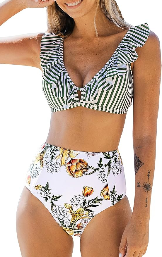 CUPSHE Women's High Waist Bikini Swimsuit Ruffle Floral Print Two Piece Bathing Suit | Amazon (US)