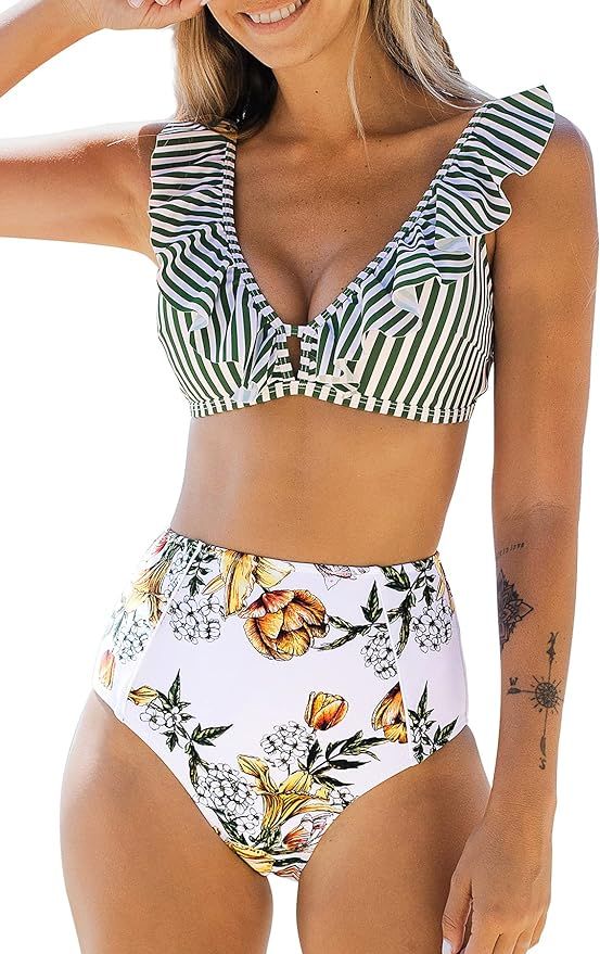 CUPSHE Women's High Waist Bikini Swimsuit Ruffle Floral Print Two Piece Bathing Suit | Amazon (US)