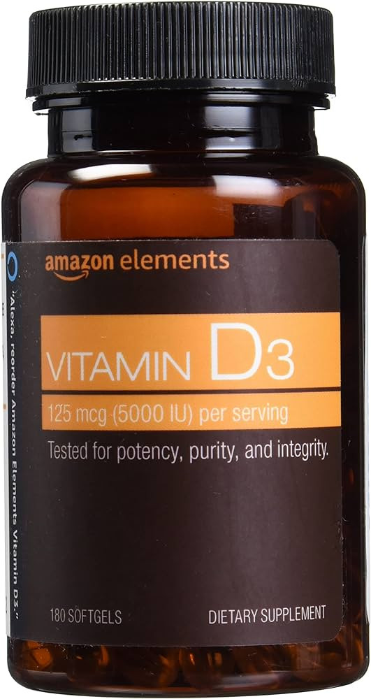 Amazon Elements Vitamin D3, 5000 IU, 180 Softgels, 6 month supply (Packaging may vary), Supports ... | Amazon (US)