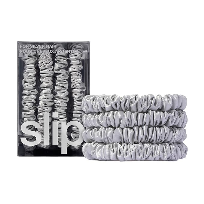 slip Silk Skinny Scrunchies - Silver | Set of 4 Skinny Scrunchies | 100% Mulberry Silk, Anti-Crea... | Amazon (US)
