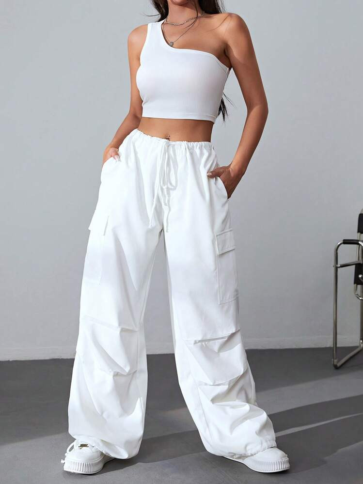SHEIN EZwear One Shoulder Crop Top & Drawstring Waist Flap Pocket Side Cargo Pants | SHEIN