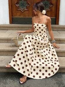 LocalSerisse Women's Vintage Polka Dot Spaghetti Strap Dress,Summer Brown And Cream Elegant Squar... | SHEIN