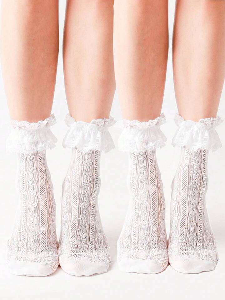 2pairs Women's Solid Color Romantic Pleated Lace Trim Heart Shape Mid-Calf Socks Cute Hollow Out ... | SHEIN