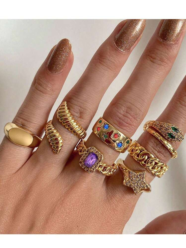 7pcs French Style Colorful Gemstone Star Shaped Snake Ring Set, Metal Exaggerated Open Ring Suit For Women Everyday Wear, Gift For Friends And Family | SHEIN