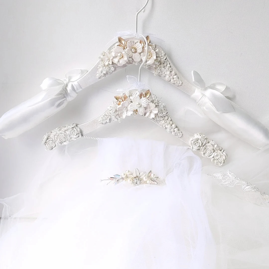 Luxury Veil Hanger and Bride Hanger Set, Pearlescent White and Gold Bridal Gown Hanger Set, Satin... | Etsy (US)