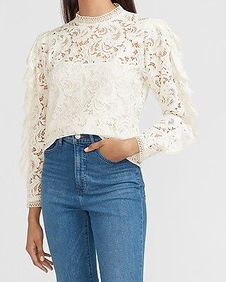 Lace Mock Neck Ruffle Sleeve Top | Express