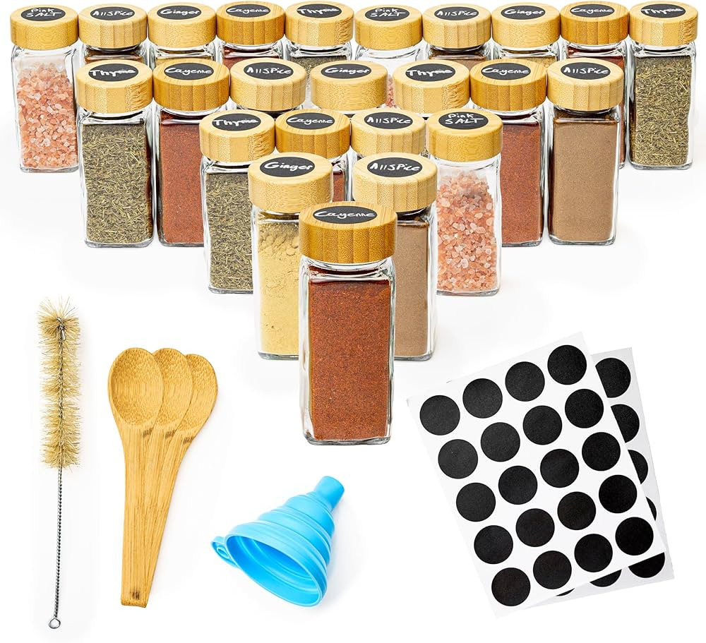 Mindz Eye Essentials 24 Pack Glass Spice Jars with Bamboo Lids and Spoons, Complete Spice Contain... | Amazon (US)
