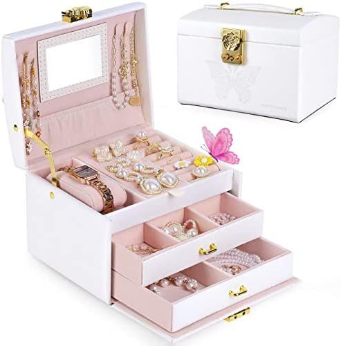 Jewelry Box for Girls Women, Jewelry Organizer Box 3 Layer with PU Leather, White Travel Jewelry ... | Amazon (US)