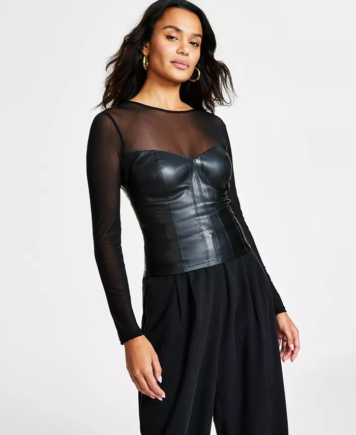 Bar III Women's Mesh & Faux-Leather Corset Top, Created for Macy's - Macy's | Macy's