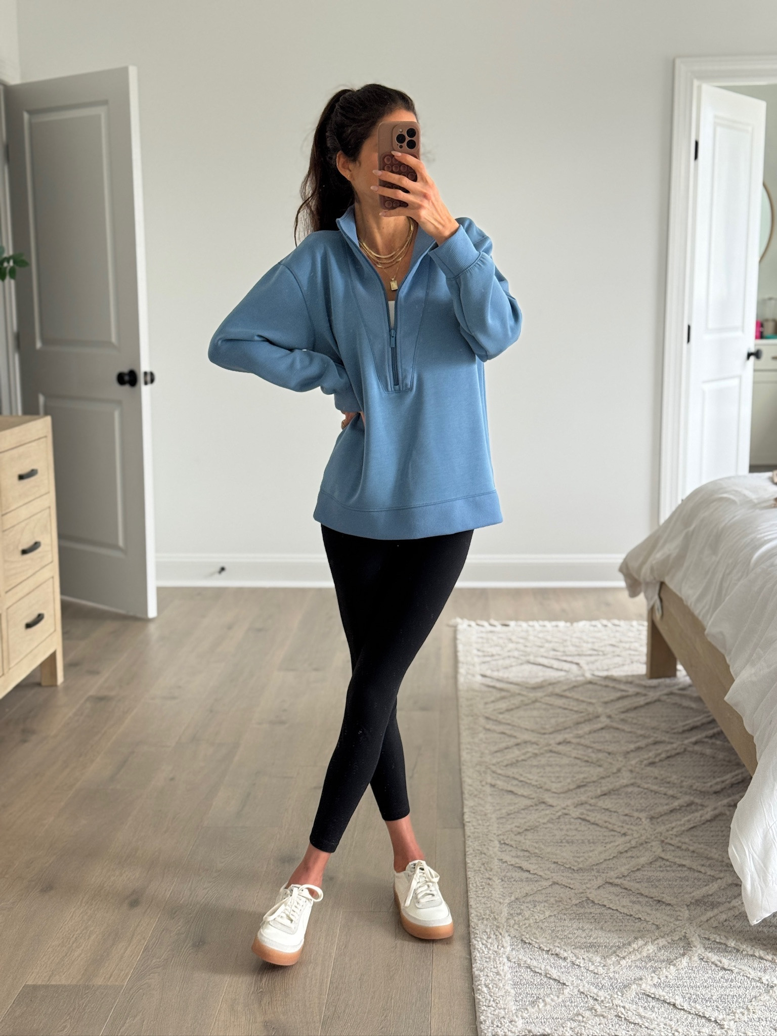 Comfortable everyday outfit with a quarter zip pullover, black leggings, and neutral sneakers. Easy casual look for busy days, teacher outfit inspo, athleisure style, affordable casual fashion, everyday basics.

#LTKootd #LTKFindsUnder50 #LTKSeasonal