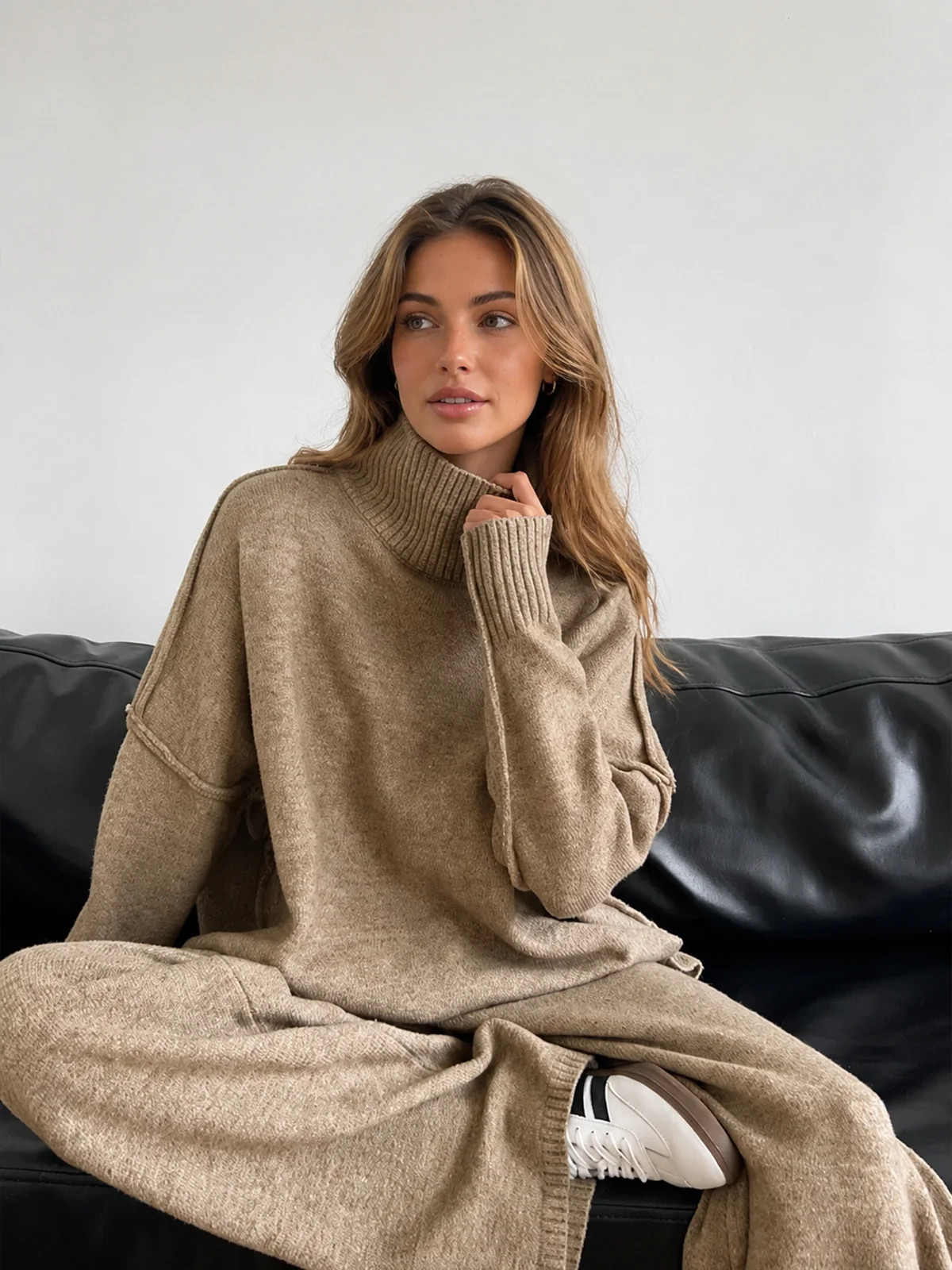 Plain Turtleneck Knit Pants Set | Commense