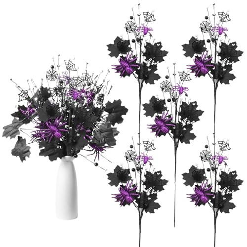 RoseCraft 5PCS Halloween Decorations, 19.5Inch Artificial Spider Maple Leaf Berry Floral Stems Halloween Branches Decoration, for Home Holiday Indoor Party Vase Arrangement Decor（Black/Purple）. | Amazon (US)