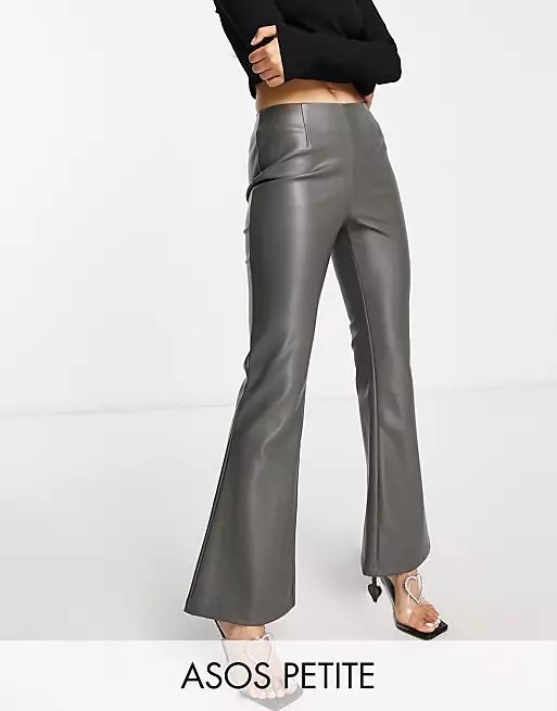 ASOS DESIGN Petite flare faux leather trouser in grey | ASOS (Global)