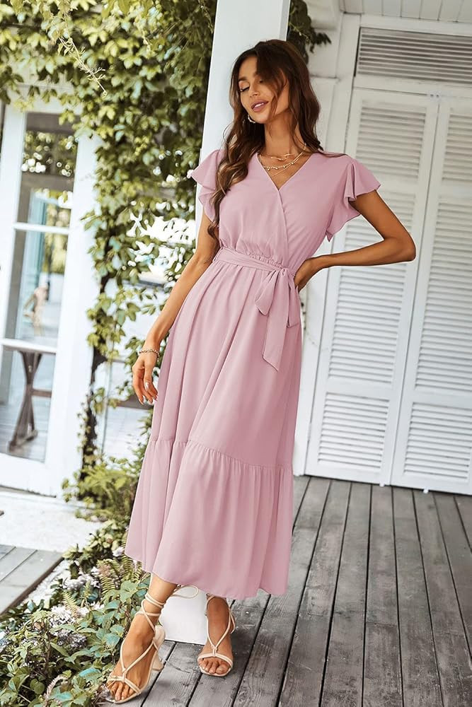 PRETTYGARDEN Women's Floral Summer Dress Wrap V Neck Short Sleeve Belted Ruffle Hem A-Line Bohemian  | Amazon (US)