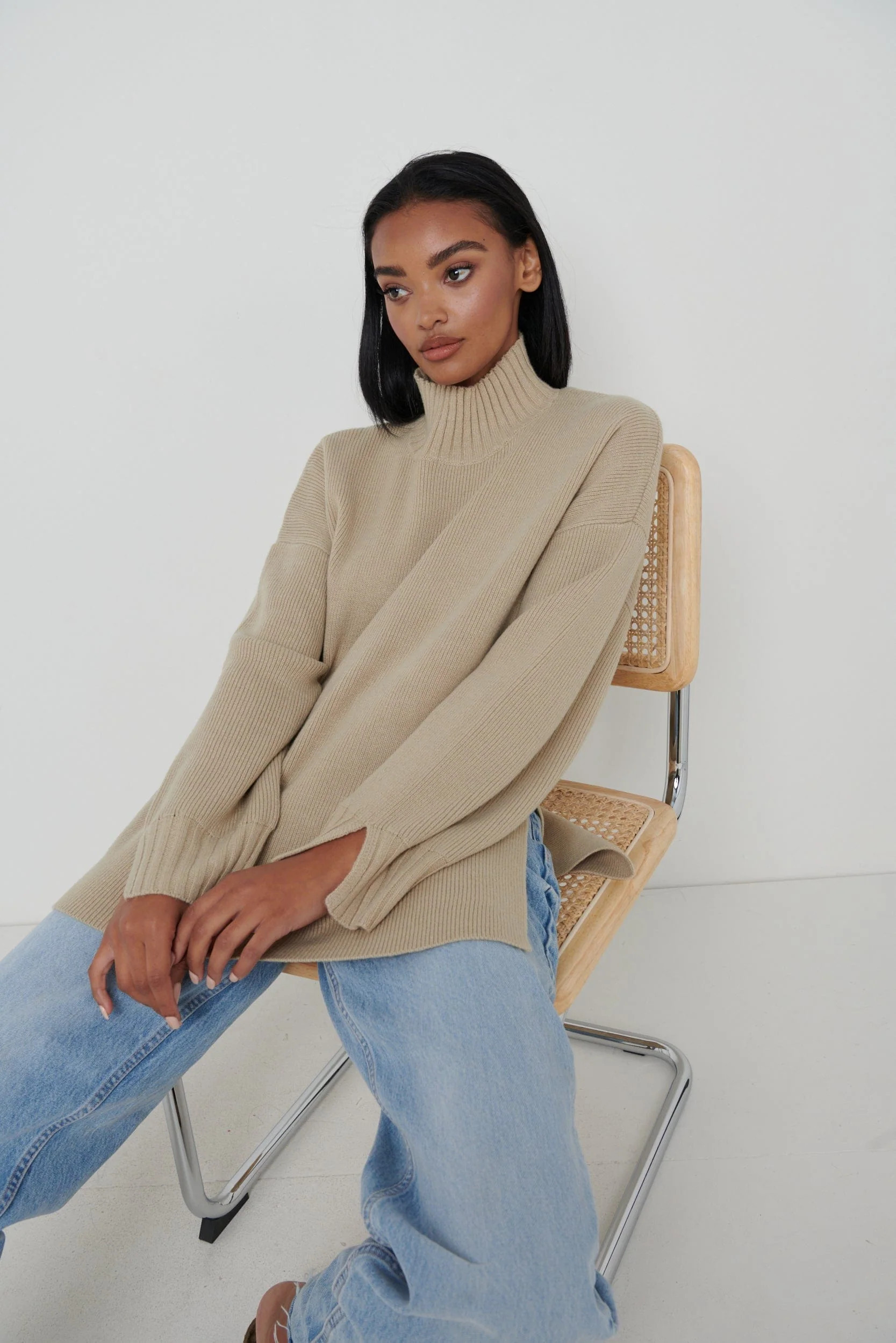 Amory Grown Neck Knit Jumper - Beige | Pretty Lavish (UK)