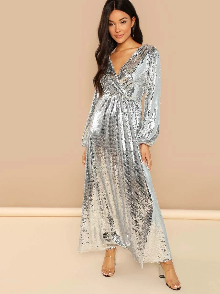 SHEIN Blouson Sleeve Surplice Sequin Maxi Dress | SHEIN