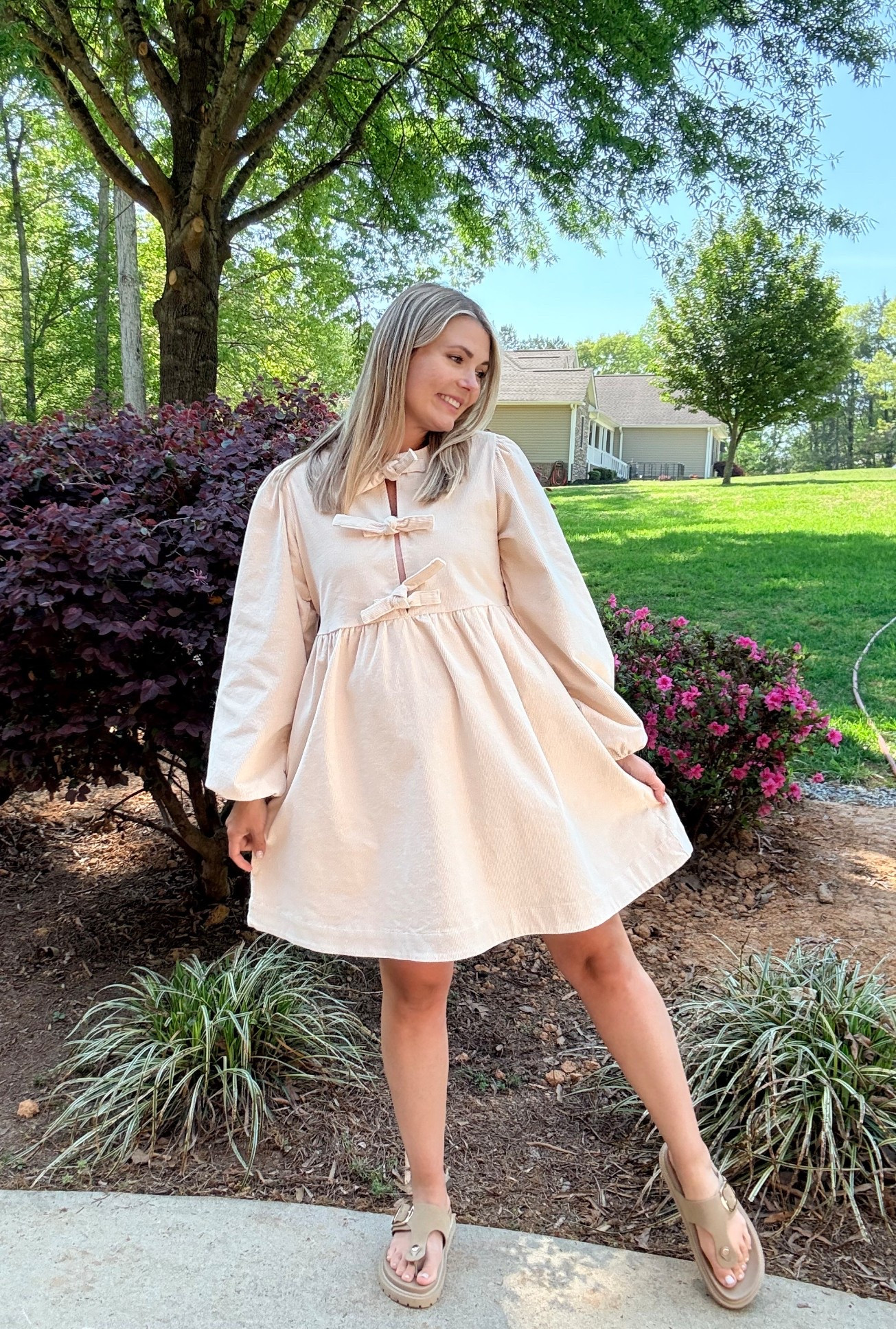 Peplum Mini Dress in Ivory Corduroy
Babydoll 
Perfect for everyday casual wear!
Dress up or down for special events 
Graduation, spring, summer style

Bump friendly 
Cream beige sandals buckle Mia Bohme

#LTKmomlife #LTKPetite #LTKBump