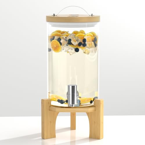 VOVUVK 1.2 Gallon Glass Drink Dispenser For Parties, Beverage Dispenser With Bamboo Wood Stand And Stainless Steel Spigot, Countertop Water Dispenser, Lemonade Dispenser For Wedding, Picnic (1PACK) | Amazon (US)