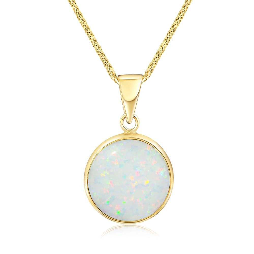 14K Gold White Opal Necklace - 14K Solid Yellow Gold Dainty Necklace with October Birthstone Pend... | Amazon (US)