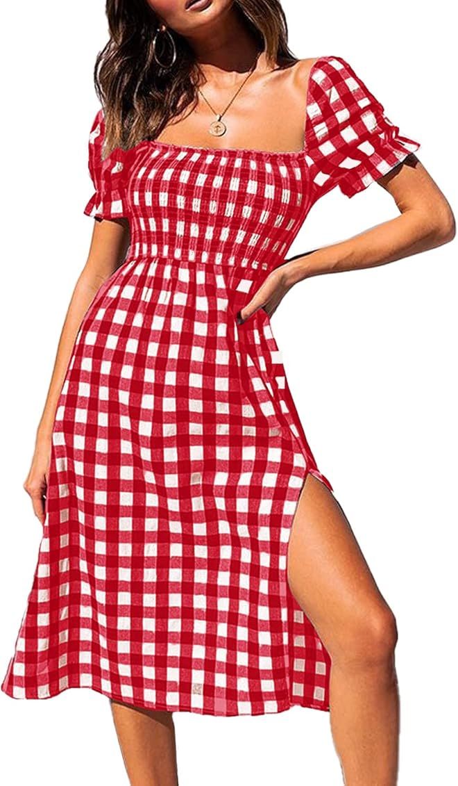 PRETTYGARDEN Plaid Dress for Women Short Puff Sleeve Square Neck Side Split Summer Midi Flowy Dresse | Amazon (US)