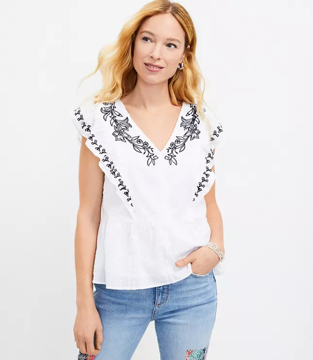 Floral Embroidered Ruffle Peplum Top | LOFT