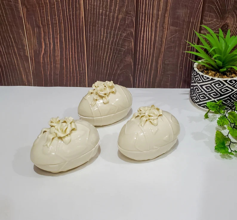 Porcelain Egg Shaped Floral Trinket Box. off White Trinket Dish for Home or Wedding Decor 4 Long ... | Etsy (US)
