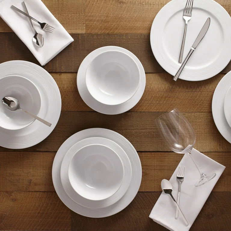 Safdie & Co. 12-Piece Round Rim Wave Dinnerware Set, White, Embossed | Walmart (US)