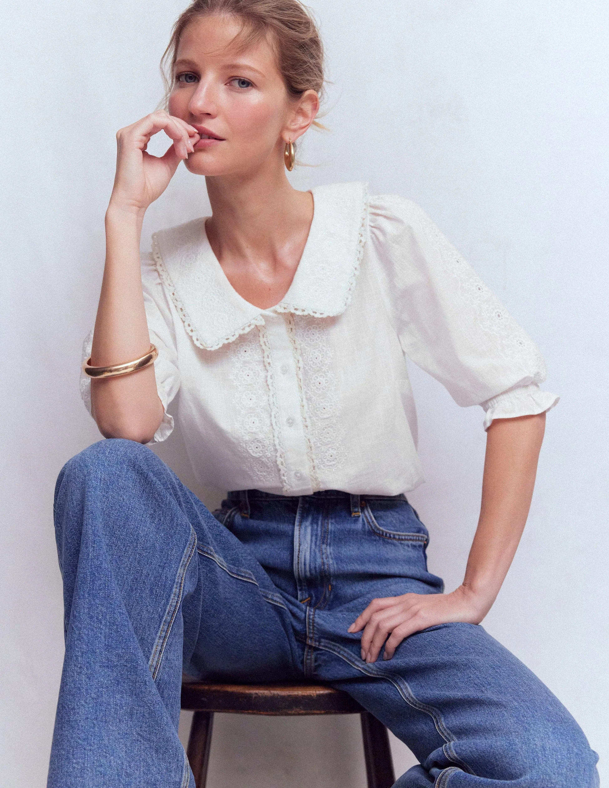 Short Sleeve Pretty Collar Top-White | Boden (US)