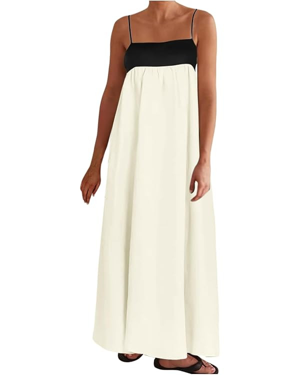 Linen Dresses for Women 2025 Contrast Trim Spaghetti Straps Summer Outfits Sleeveless Backless Lo... | Amazon (US)