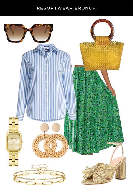 Resort wear! Perfect spring break brunch outfit! Colorful green skirt paired with a tailored stripe button down. I added woven earrings and a fun bead bag with tortoises shell handle and oversized sunglasses for a bit of mob wife action. #springbreak #summer #brunchoutfit #resortwear #beach

#LTKover40 #LTKmidsize #LTKfindsunder100