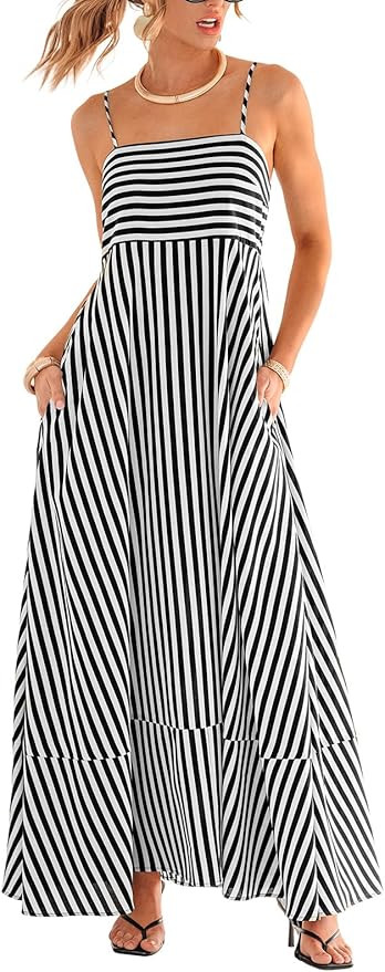 CUPSHE Womens Summer Maxi Dress Casual Sleeveless Square Neck Striped Beach Long Dress with Pocke... | Amazon (US)