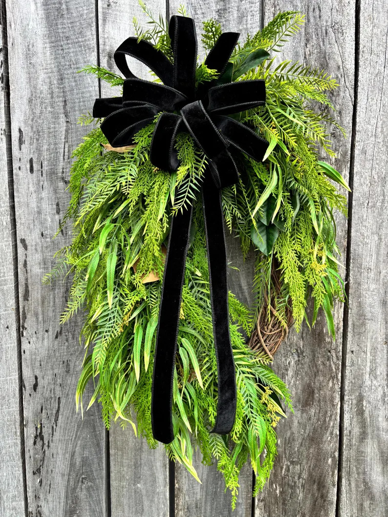 Everyday Greenery Wreath with Black Velvet Bow, Magnolia, Cedar, Fern & Eucalyptus, Winter Front ... | Etsy (Global)