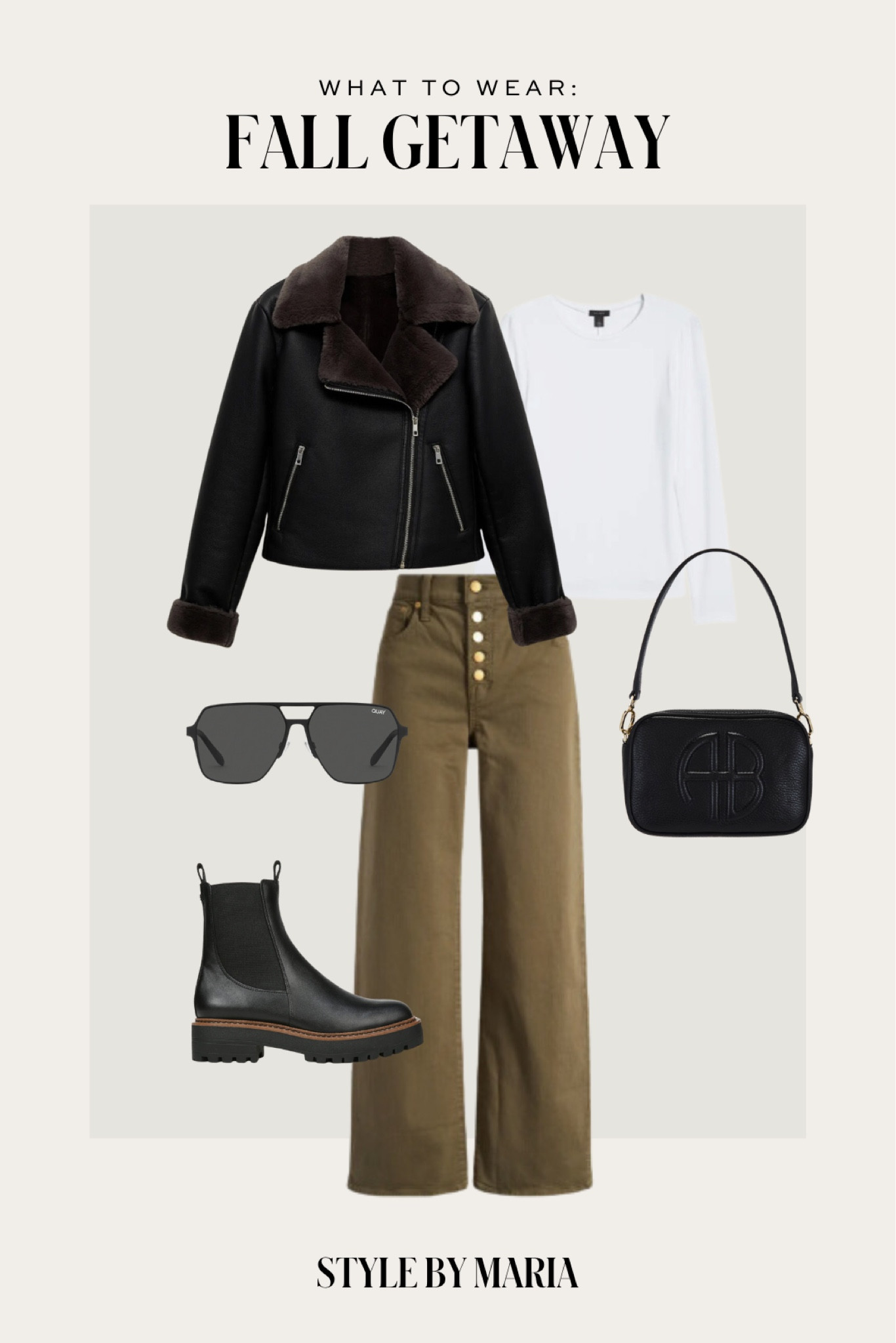 Fall getaway outfit / casual fall outfit
Mango faux shearling moto jacket on sale 
Nordstrom white tee 
Sam Edelman Chelsea boots 
Anine bing crossbody bag 



#LTKFindsUnder100 #LTKSaleAlert #LTKSeasonal